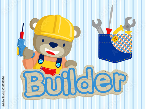 Vector illustrations of happy builder cartoon with tools