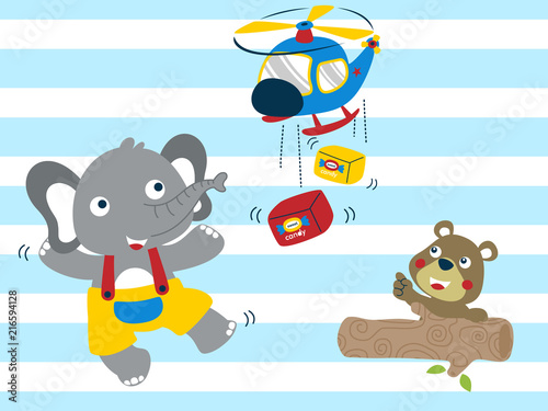 Vector illustration of little animals cartoon with a helicopter