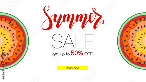 Summer sale, banner with half past of watermelons. Get up to fifty percent discount. Summer offer for shopping with design of text. Watermelon cut out from paper, multilayer vector illustration.