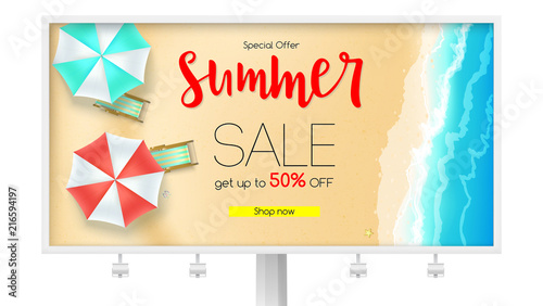 Billboard with sales action. Summer offer, get up to fifty percent discount. Seashore, sandy beach with deckchairs, sun umbrellas and design of text. Reduced prices, template for posters, banners.