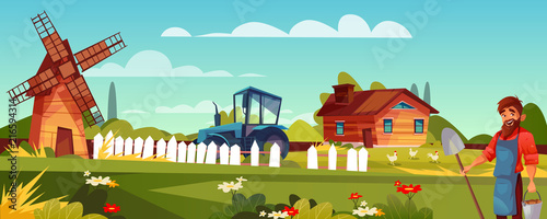 Farmer or peasant vector illustration of man with beard and spade at farmland. Vector windmill, house or barn and agriculture tractor with chickens on cartoon green field background