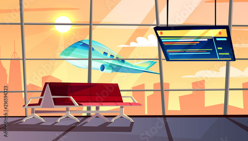 Airport terminal vector illustration of waiting hall with departure or arrival flight schedule and passenger chairs. Vector cartoon interior background with airplane take off in window