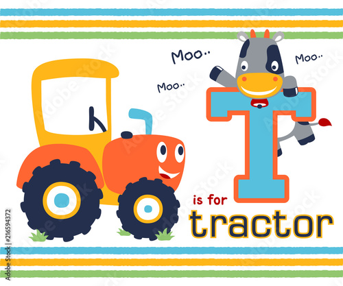 Vector illustration of nice tractor cartoon with funny cow