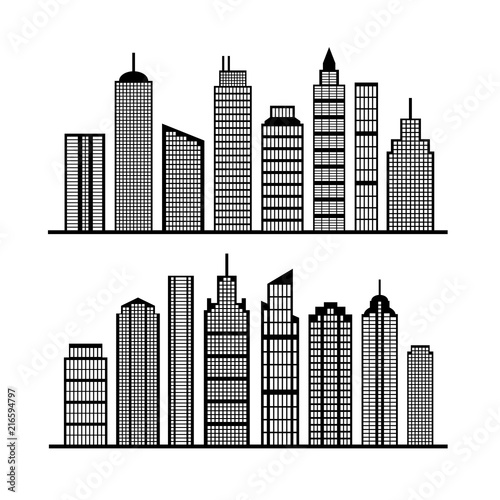 Modern city skyline  building silhouette in night time on white.