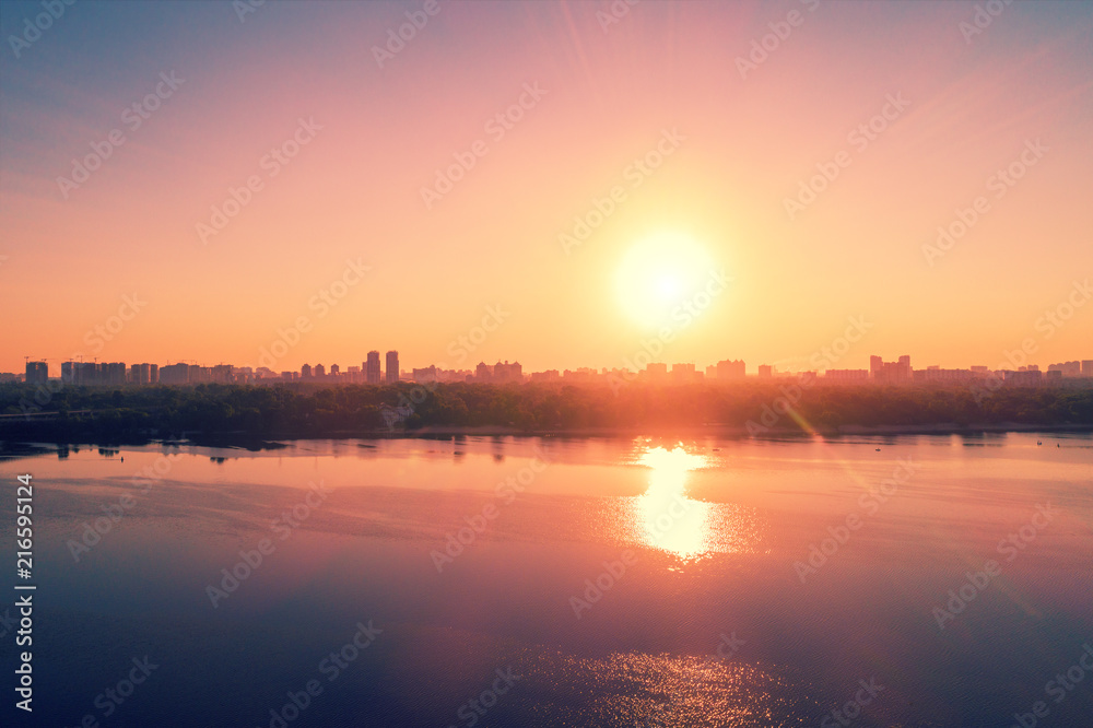 Skyline, the left bank of the city of Kiev at sunrise. The Left Bank of the Dnieper