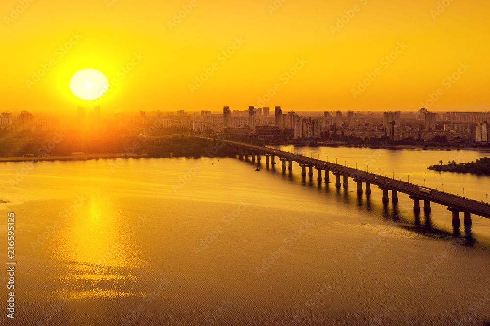 Skyline, the city of Kiev in the morning, Patona Bridge. The left bank of the Dnieper. Birds-eye