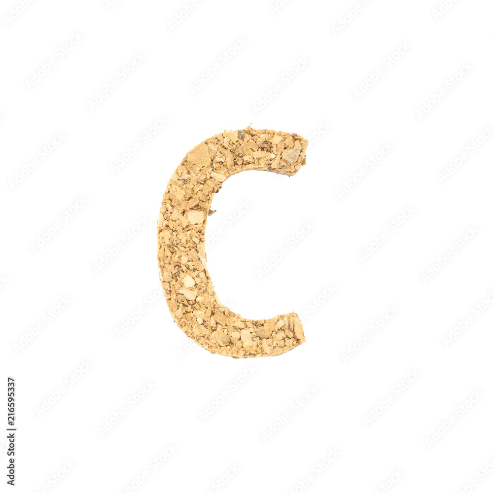 Closeup cork wood in C alphabet isolated on white background Closeup cork wood in C alphabet isolated on white background
