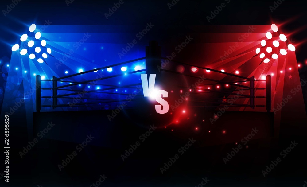 Boxing ring arena vs letters for sports and fight competition. Battle and match design. Vector illumination