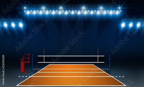 Volleyball court arena field with bright stadium lights design. Vector illumination