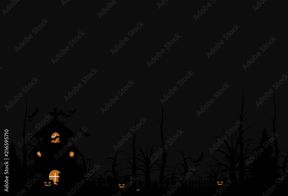 Happy Halloween background and scary tree pumpkin on graveyard dark night and tombstone black bat. church on graveyard. Vector illumination