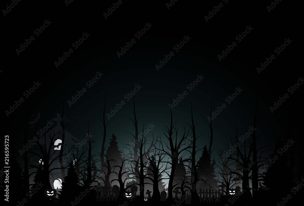 Happy Halloween background and scary tree pumpkin on graveyard dark night and tombstone black bat. church on graveyard. Vector illumination