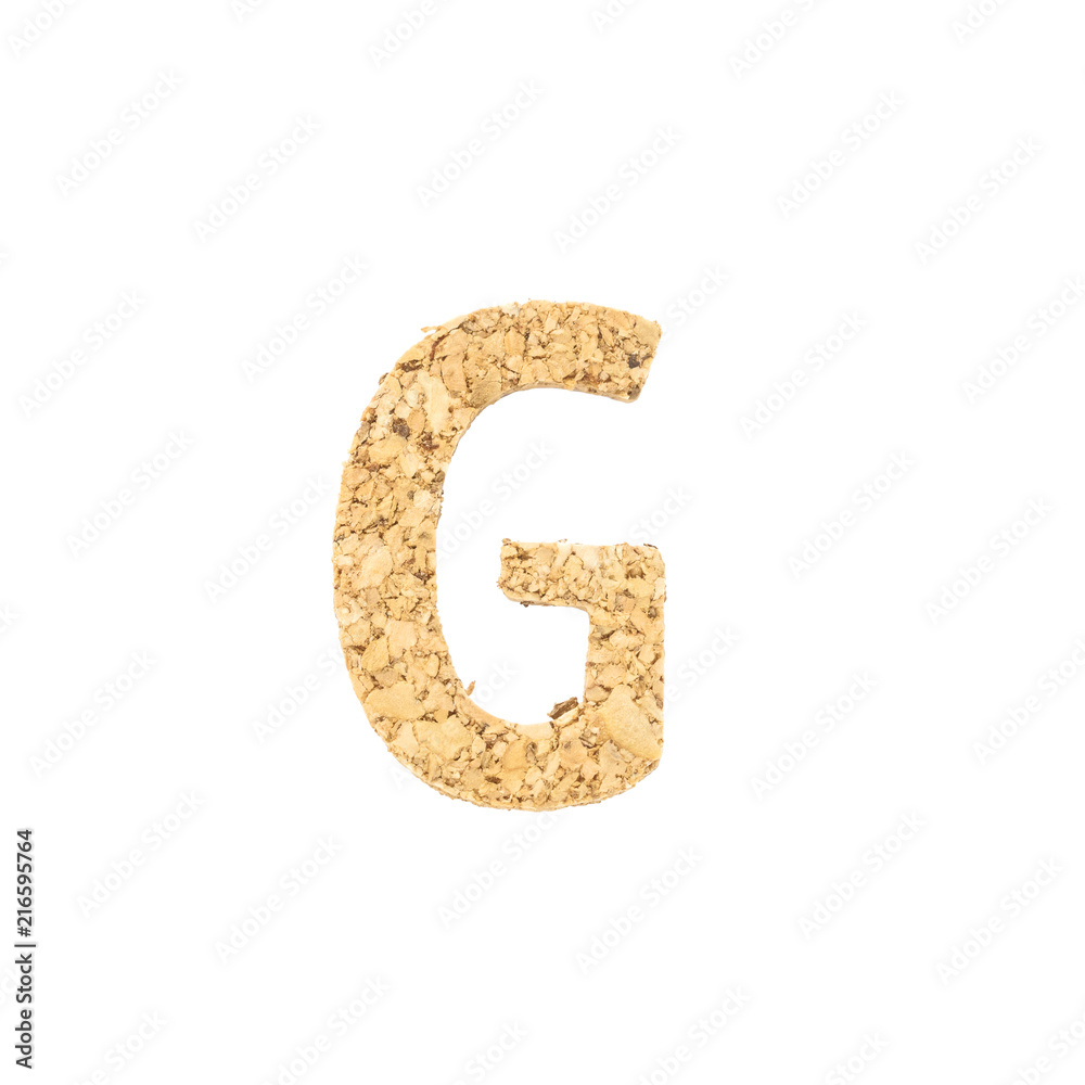 Closeup cork wood in G alphabet isolated on white background Closeup cork wood in G alphabet isolated on white background