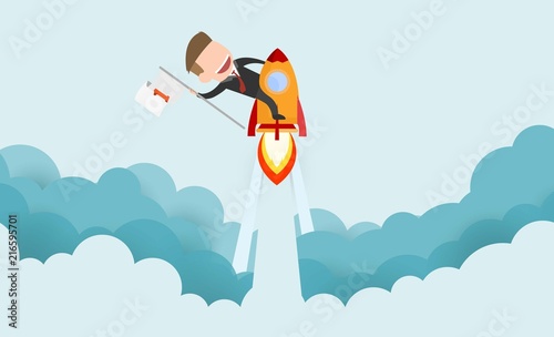 Businessman riding a rocket and smoke through cloud Business startup concept. vector illustration. flat design.