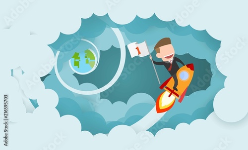 Businessman riding a rocket and smoke through cloud Business startup concept. vector illustration. flat design.