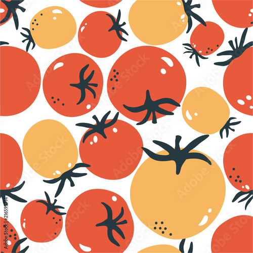 Fresh tomatoes, hand drawn seamless pattern. Overlapping background, vegetables vector. Colorful illustration with food. Decorative wallpaper, good for printing. Design backdrop, tomato