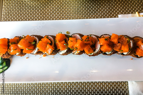 Spicy salmon sushi.