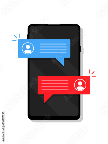 Sms speech bubbles on mobile phone screen, chat messages notification on smartphone vector line illustration 