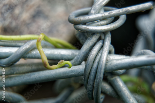 Aluminum wire twisted on stone object, macro background