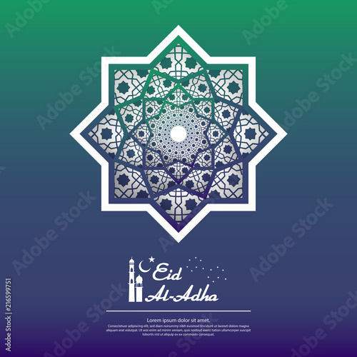 Eid al Adha or Fitr Mubarak islamic greeting card design. abstract mandala with pattern ornament and hanging lantern element. background Vector illustration
