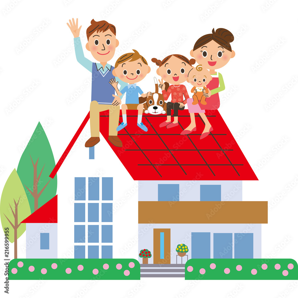 屋根に座っている家族
