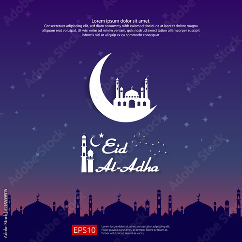 Eid al Adha Mubarak islamic greeting card design with dome mosque element in paper cut style. background Vector illustration