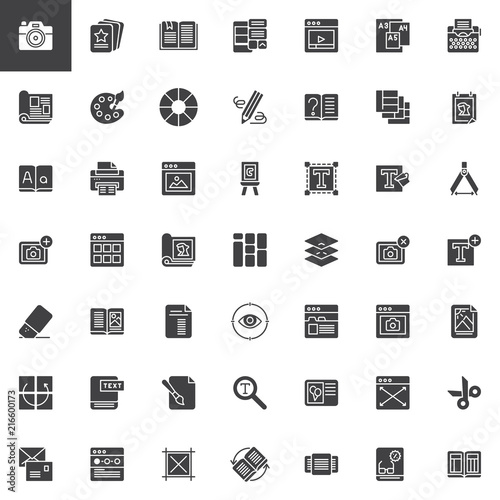 Editorial elements vector icons set, modern solid symbol collection, filled style pictogram pack. Signs, logo illustration. Set includes icons as Camera, Flyers, Bookmark, Mobile, Movie, Magazine