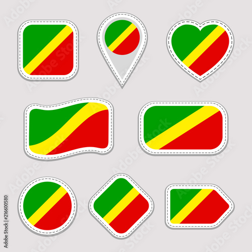Congo flag vector set. TheRepublic of the Congo national flags stickers collection. Vector isolated geometric icons. Web, sports pages, patriotic, travel, school design elements. Different shapes.