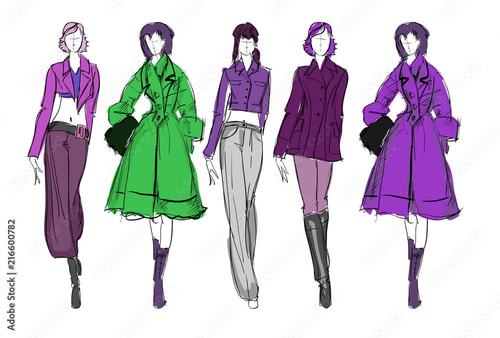 Sketch. Fashion Girls on a white background. Vector illustration.
