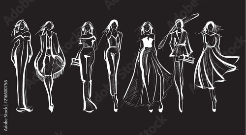 Sketch. Fashion Girls on a black background. Vector illustration.