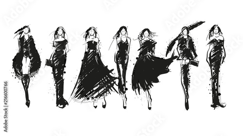 Sketch. Fashion Girls on a white background. Vector illustration.