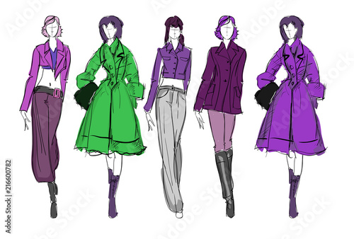 Sketch. Fashion Girls on a white background. Vector illustration.