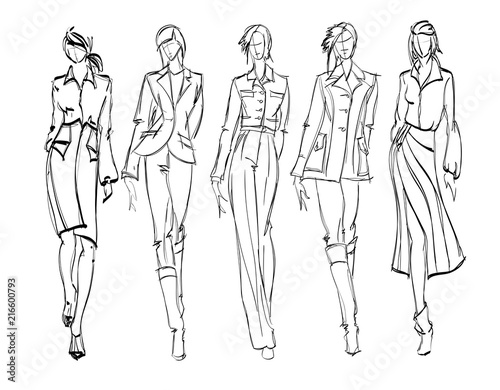 Sketch. Fashion Girls on a white background. Vector illustration.