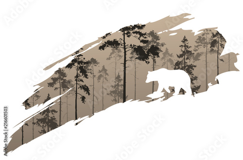 a fragment of the background with a forest and a bear for your design. Vector illustration