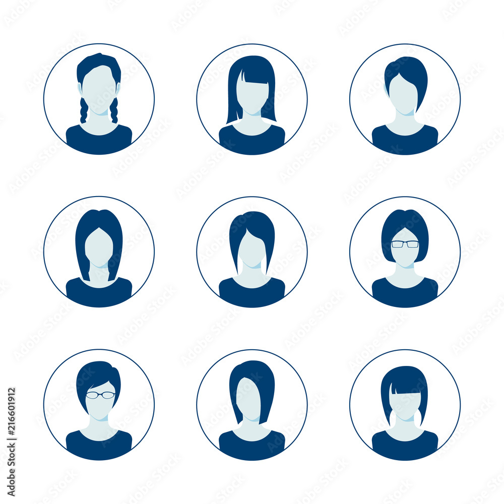 App or profile anonymous user icon set. Set of female person avatar template. User icons collection. Symbol of people for website avatar. Vector illustration App or profile anonymous user icon set. Set of female person avatar template. User icons collection. Symbol of people for website avatar. Vector illustration
