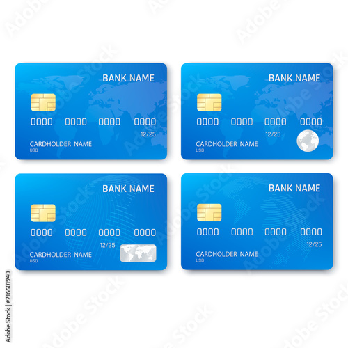 Set of realistic credit card template. Plastic blue credit cards with chip and map picture. Vector illustration isolated on white background