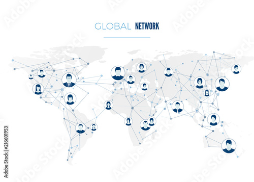 Global social network connection. User avatars connected to the worldwide network. Internet concept on world map background. Vector illustration