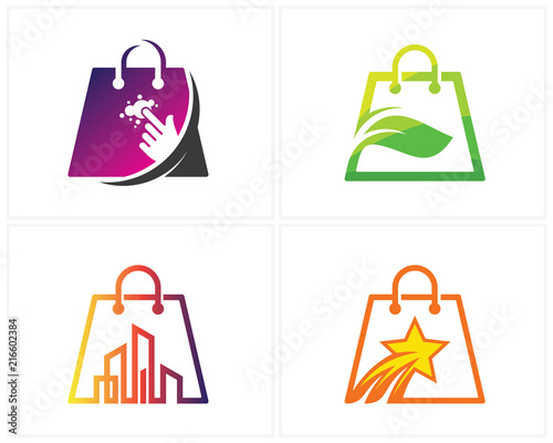 Set of Shop Logo designs Template, Modern city, Star, Online, Bag icon