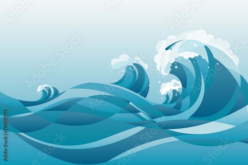 high tide sea water waves Background. illustration of waves in the rising blue sea, with white background.