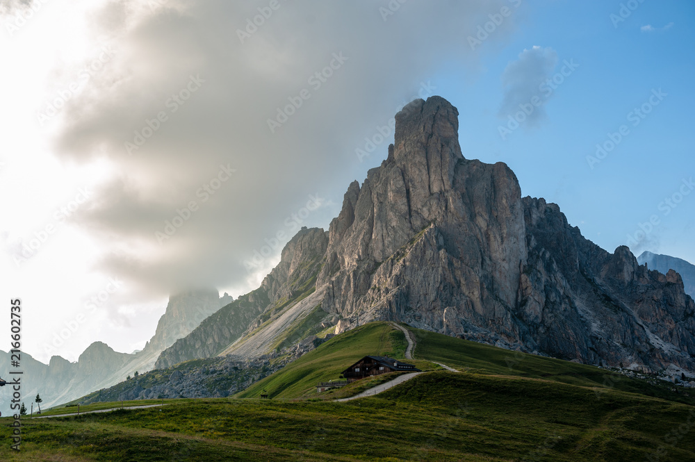 Impression of the Passo di Giau, in landscape orientation, during sunset.