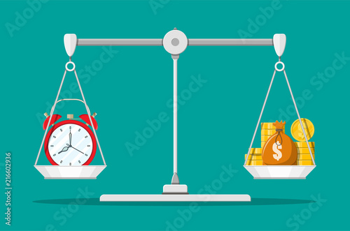 Clock and golden coins on scales. Annual revenue, financial investment, savings, bank deposit, future income, money benefit. Time is money concept. Vector illustration in flat style