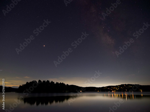 夜の湖畔にて、島の真上に火星、隣に天の河、街灯りが湖面に輝く。