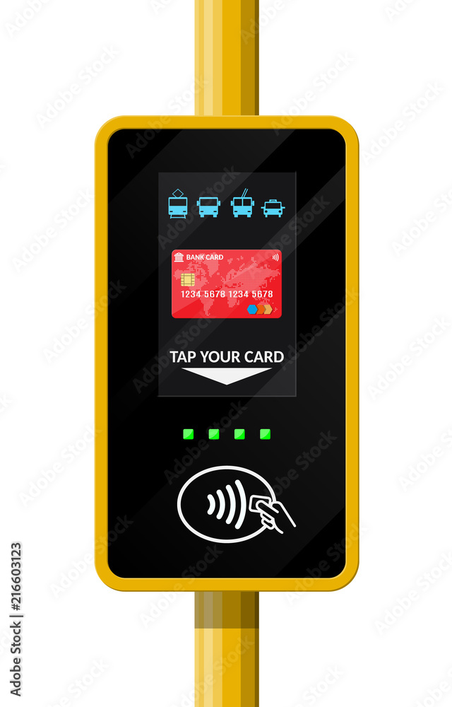 Terminal for passenger transport card. Airport, metro, bus, subway ticket terminal validator. Wireless, contactless or cashless payments, rfid nfc. Vector illustration in flat style Terminal for passenger transport card. Airport, metro, bus, subway ticket terminal validator. Wireless, contactless or cashless payments, rfid nfc. Vector illustration in flat style