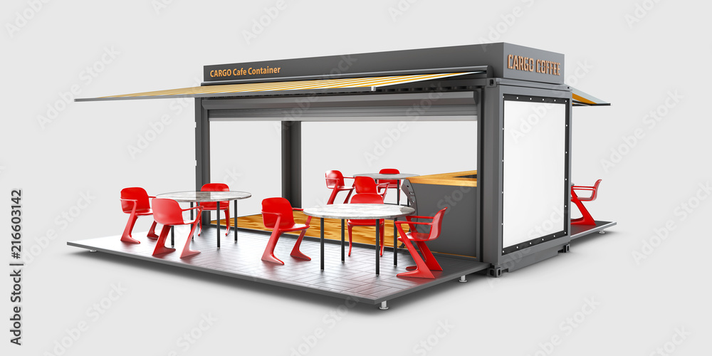 Converted old shipping container into cafe, 3d Illustration isolated ...