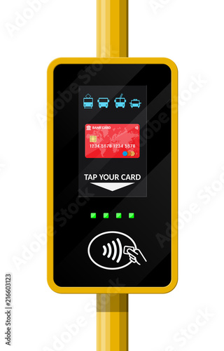 Terminal for passenger transport card. Airport, metro, bus, subway ticket terminal validator. Wireless, contactless or cashless payments, rfid nfc. Vector illustration in flat style