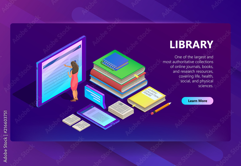 Online library vector illustration of woman reading books in smartphone or internet tablet. Isometric design for remote education or study technology on purple ultraviolet background Online library vector illustration of woman reading books in smartphone or internet tablet. Isometric design for remote education or study technology on purple ultraviolet background