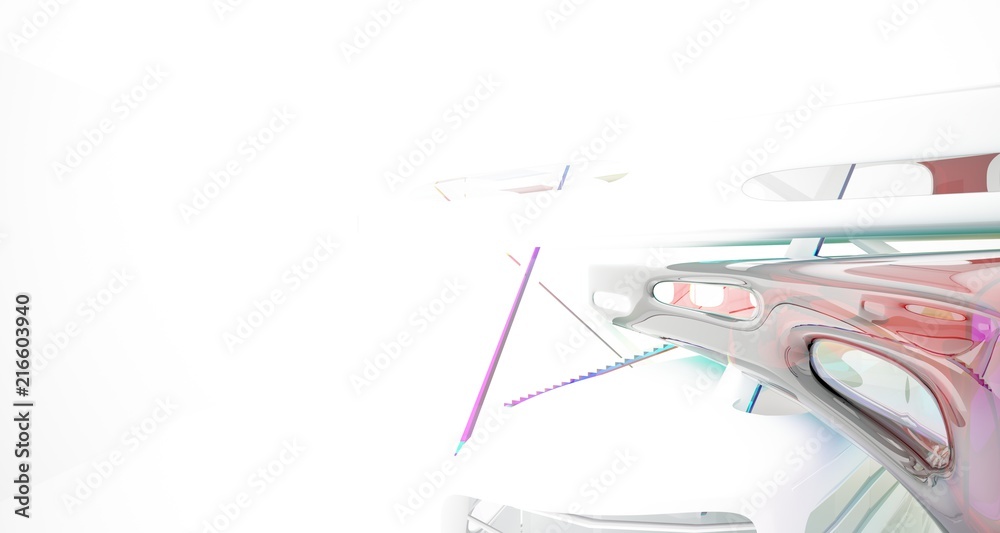 Fototapeta premium Abstract white and colored gradient glasses interior multilevel public space with window. 3D illustration and rendering.