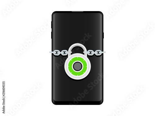 Mobile security, data protection concept smartphone Fingerprint , shield Chain lock icon Illustration