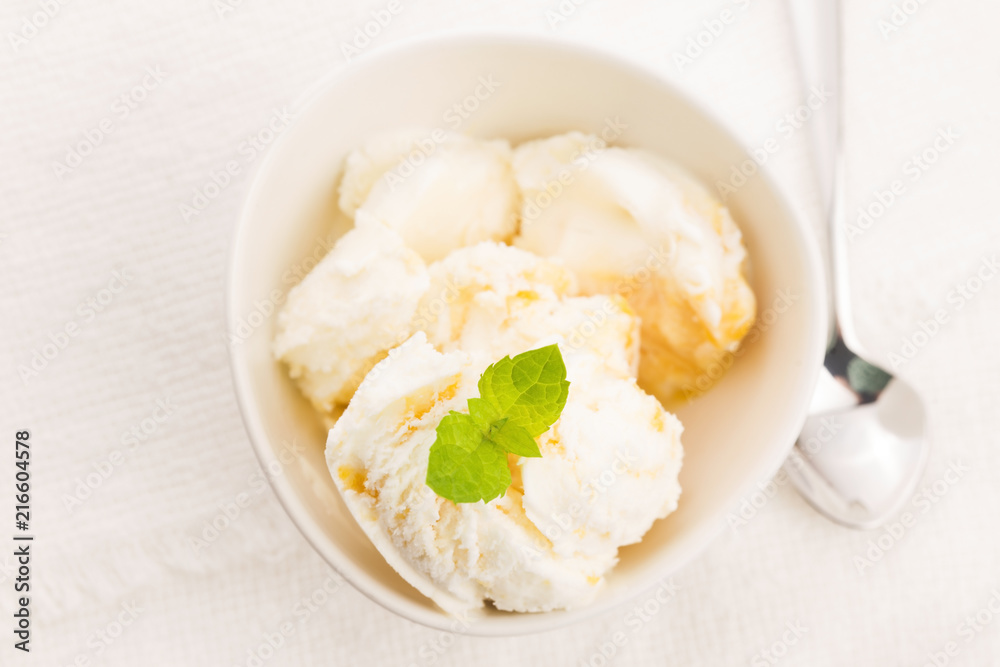 Vanilla Ice Cream with Mint in bowl Organic product Vanilla Ice Cream with Mint in bowl Organic product