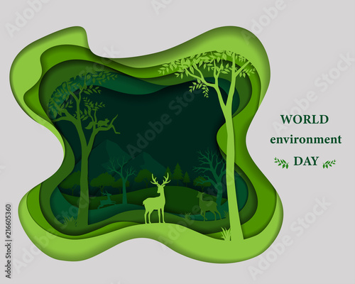 Deer family silhouette on green paper cut shape abstract background,save nature and environment conservation concept with forest wilderness landscape