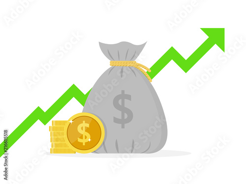 Profit money or budget vector illustration, flat cartoon pile of cash and rising graph arrow up, concept of business success, economic or market growth, investment revenue, capital earnings, benefit